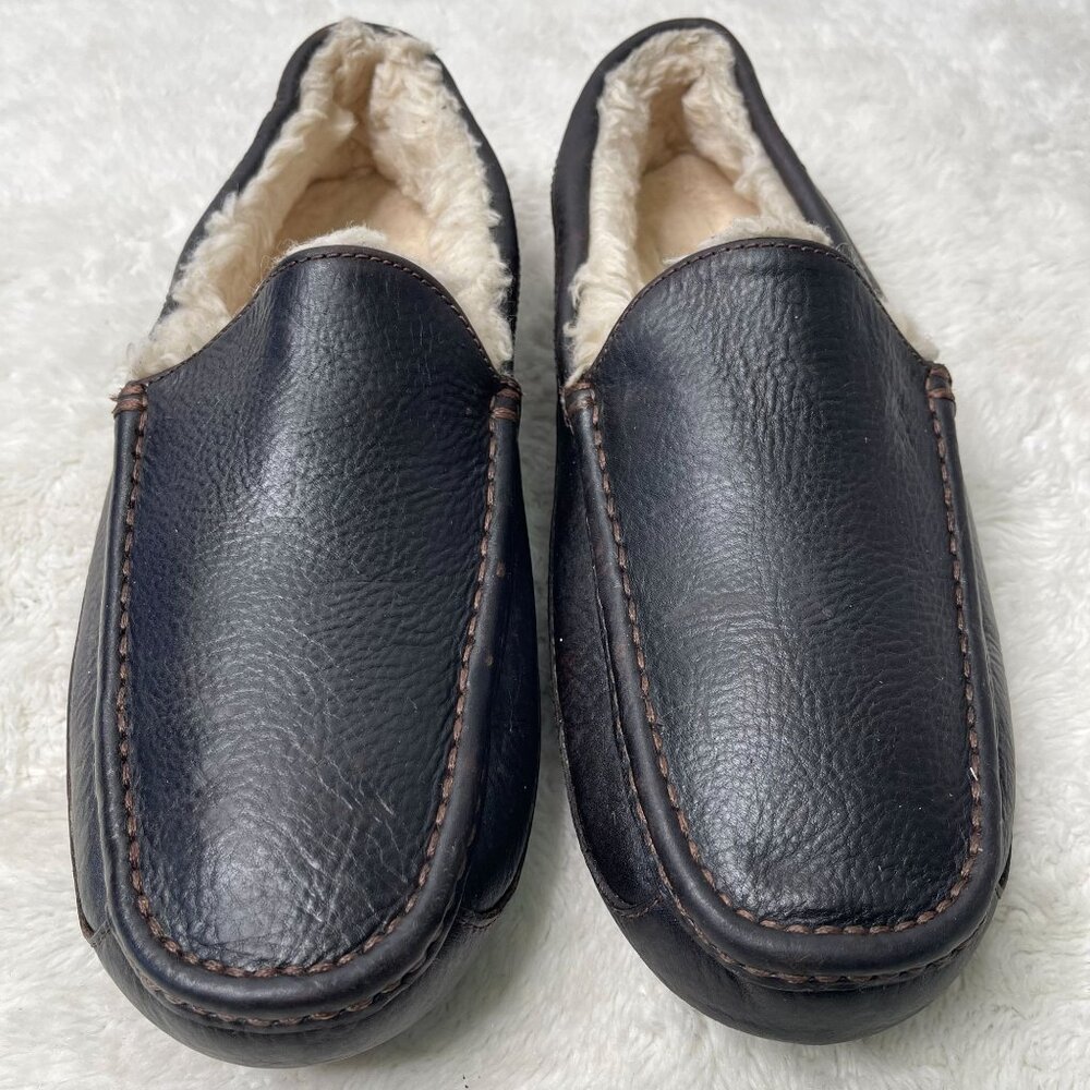 UGG #5379 Men's Black Ascot Leather Slipper Moccasins Shoes Size 12 - Picture 1 of 12
